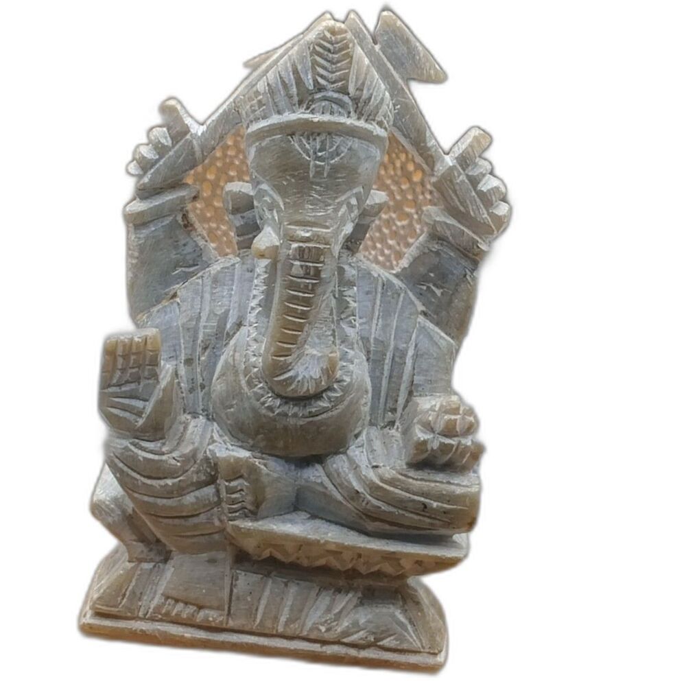 Olive green Soapstone hand carved Ganesh figure Chip on Base & Tusk 3"X2.3"X4.6"